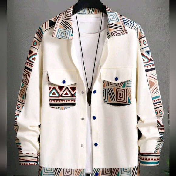 Men's Geometric Print Jacket With Flap Pockets - Picture 5 of 6